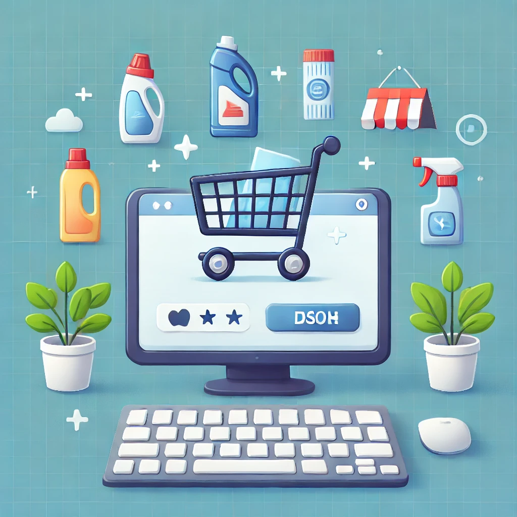 DALL·E 2025-03-08 21.07.29 - Um carrinho de compras virtual na tela de um computador ou celular, exibindo ícones de produtos de limpeza e descartáveis, representando uma loja onli