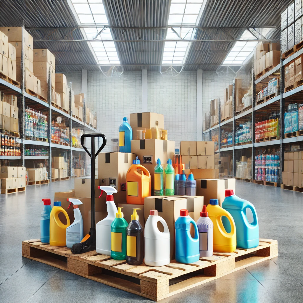 DALL·E 2025-03-08 21.07.30 - Um espaço industrial ou comercial com produtos de limpeza prontos para uso, destacando limpeza pesada e organização eficiente