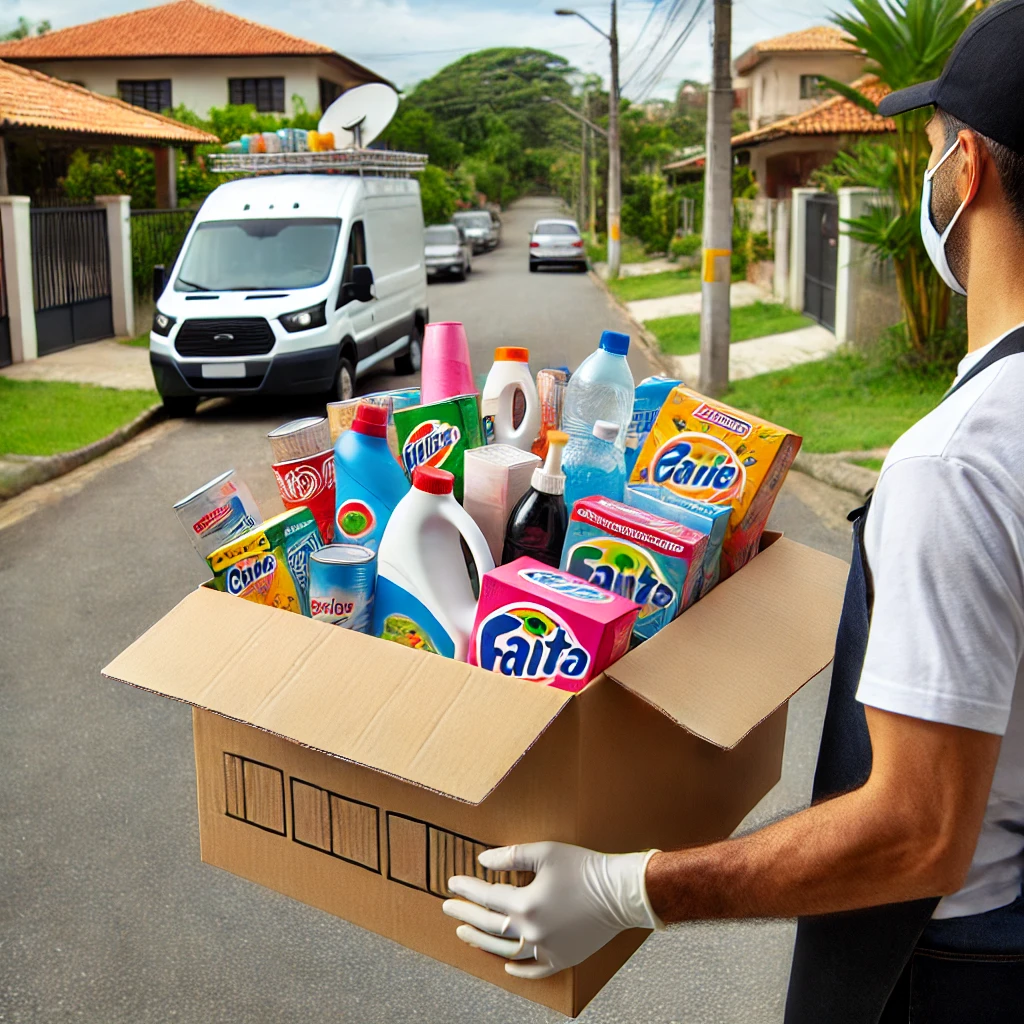 DALL·E 2025-03-08 21.07.32 - Uma cena de entrega de produtos de limpeza, com caixas sendo descarregadas em frente a uma residência ou empresa