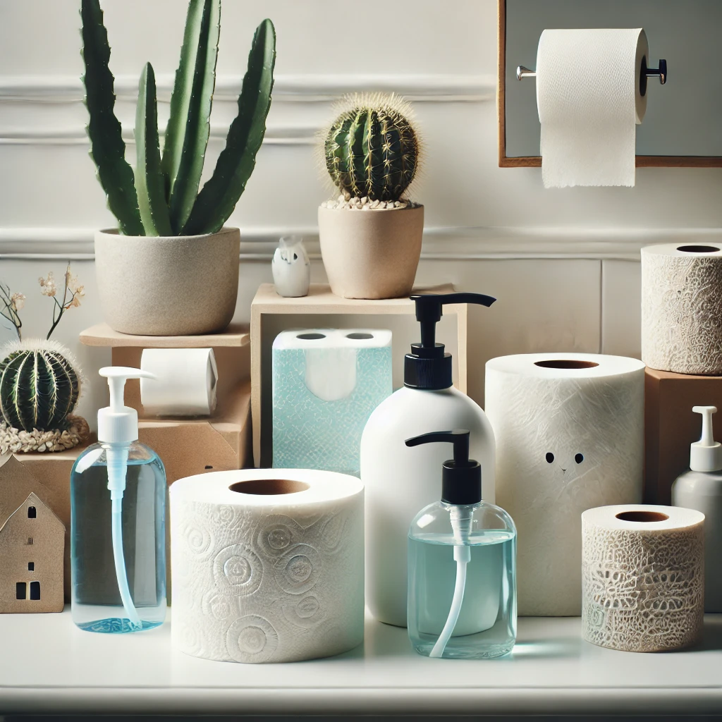 DALL·E 2025-03-08 21.07.33 - Um conjunto de produtos de higiene, incluindo papel toalha, papel higiênico e álcool em gel, organizados em um ambiente limpo e bem iluminado