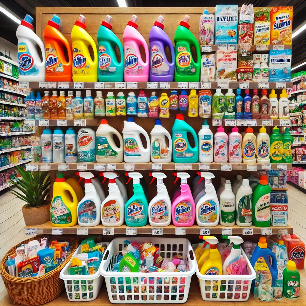 DALL·E 2025-03-08 21.07.37 - Uma prateleira organizada com diversos produtos de limpeza, incluindo detergentes, desinfetantes e multiusos, em um ambiente de loja ou supermercado